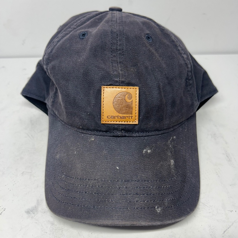 Carhartt Canvas Logo Hat Navy Blue Mens OSFM Adjustable Distressed Work Cap